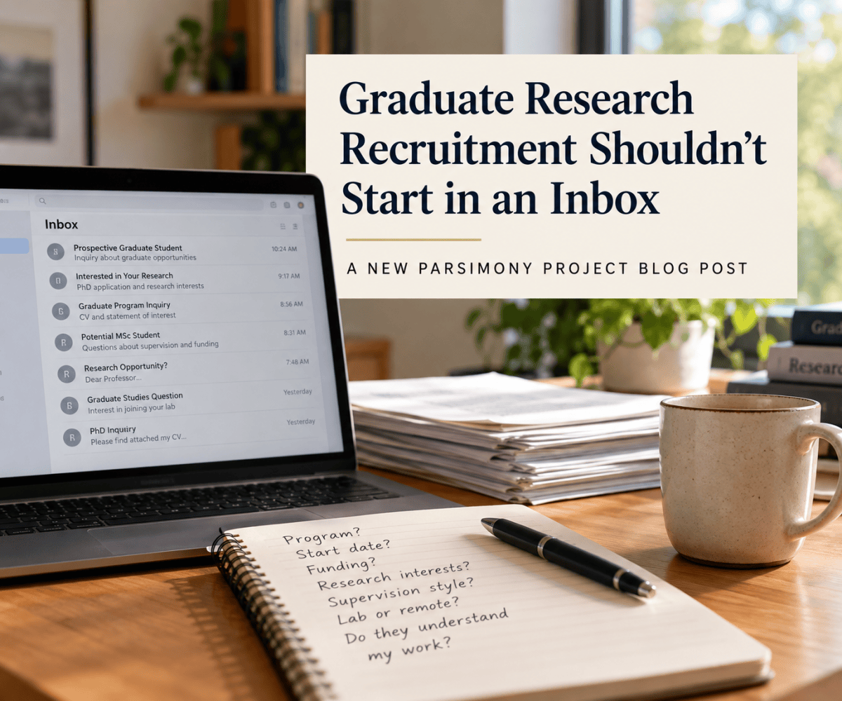 Graduate research recruitment graphic showing an academic workspace with email, CV, transcript, and research materials, highlighting the problem of inbox-based recruitment.